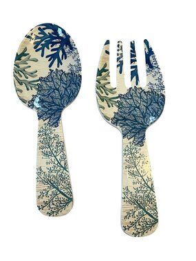 Nicole Miller Coral Salad Servers Set Blue Coastal Serving Spoon Fork 11”